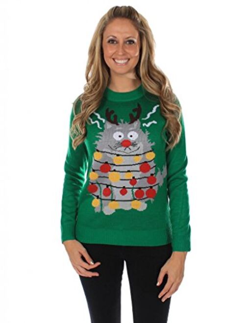 Tipsy Elves Women's Ugly Christmas Sweater - Electrocuted Cat Christmas Sweater