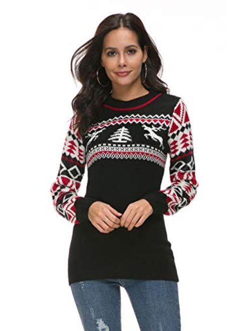 Hanlolo Womens Ugly Christmas Sweater Cute Reindeer Snowflakes Long Sleeve Xmas Holiday Party Knitted Pullover