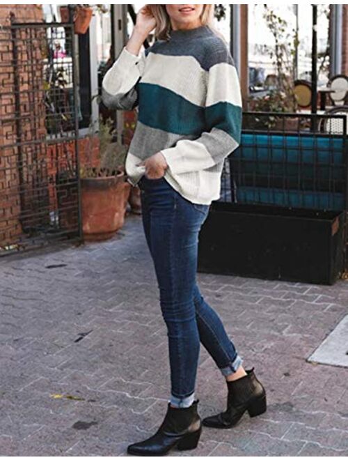 ZESICA Women's Striped Color Block Sweater Long Sleeve Chunky Oversized Casual Pullover Jumper Tops