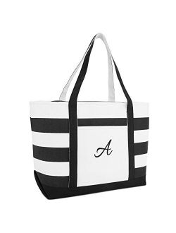 Striped Beach Bag Tote Bags Canvas Personalized Black Ballent Letter A - Z