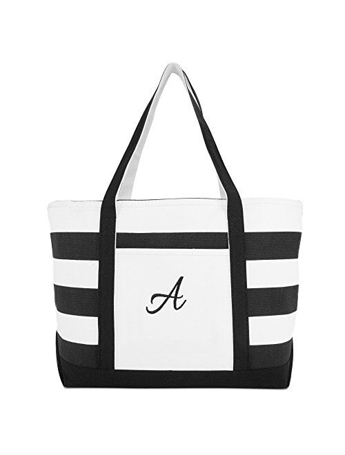 DALIX Striped Beach Bag Tote Bags Canvas Personalized Black Ballent Letter A - Z