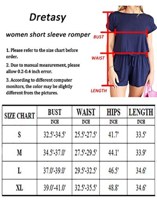 Dretasy Women Casual Short Sleeve Summer Beach Romper Round Neck Elastic Waist Shorts Jumpsuit with Pockets