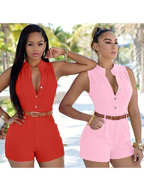 XXTAXN Women's Sexy V Neck Rompers One Piece Short Jumpsuit with Belt and Pockets