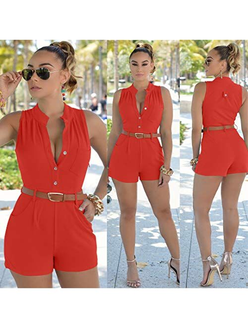 XXTAXN Women's Sexy V Neck Rompers One Piece Short Jumpsuit with Belt and Pockets
