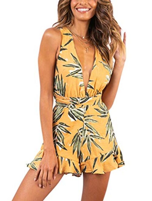 CHIC DIARY Women Floral Print V Neck Romper Summer Beach Sexy Boho Sleeveless Jumpsuit Playsuit Short