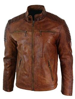 Men's Leather Jacket Motorcycle Bomber Biker Real Lambskin Leather Distress Brown Vintage Jacket for Men
