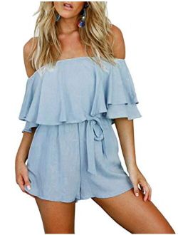 Chunoy Women Casual Short Sleeve Playsuit Off Shoulder Romper with Waistband