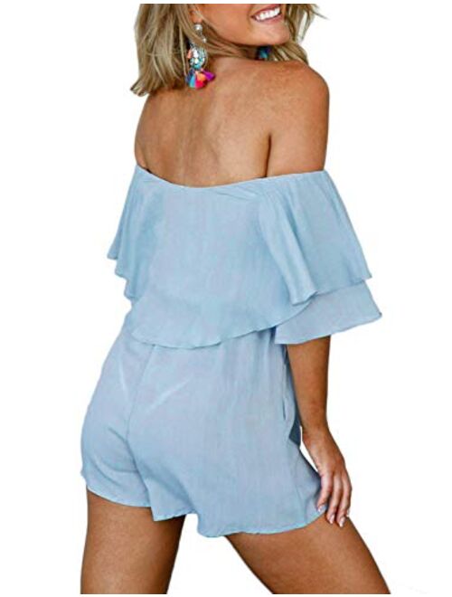 Chunoy Women Casual Short Sleeve Playsuit Off Shoulder Romper with Waistband
