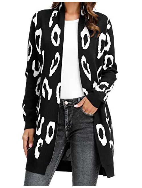 GRACE KARIN Essential Leopard Print Open Front Long Knitted Cardigan Sweater for Women