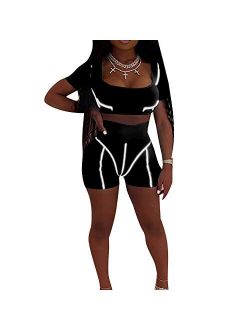 Womens Sexy Reflective 2 Piece Outfits - Bodycon Sleeveless Vest Crop Top+ Short Pants Set Biker Tracksuit Jumpsuit