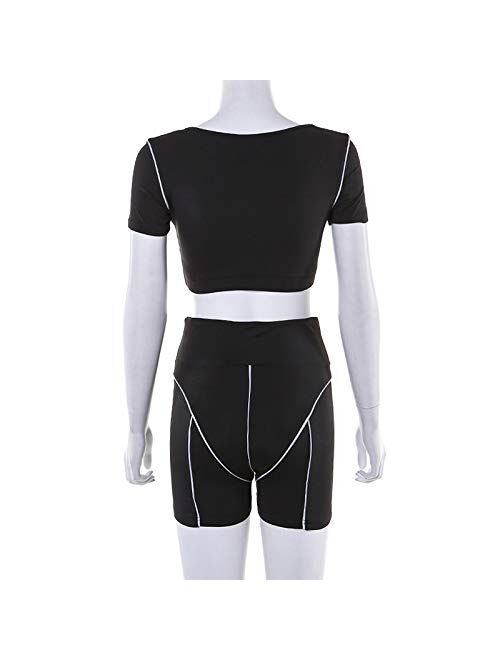 Womens Sexy Reflective 2 Piece Outfits - Bodycon Sleeveless Vest Crop Top+ Short Pants Set Biker Tracksuit Jumpsuit