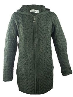 Irish Aran Knitwear 100% Irish Merino Wool Women's Long Hooded Coat with Pockets