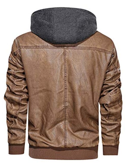 HOOD CREW Men's Warm PU Faux Leather Zip-Up Motorcycle Bomber Jacket with a Removable Hood