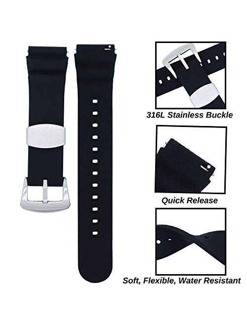 Seiko MOD 18mm 20mm 22mm Watch Band - Quick Release - Soft Silicone Replacement Watch Straps - Color Variations - for Men and Women