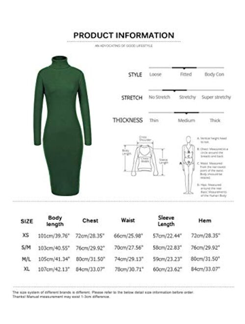 GLOSTORY Women's Long Sleeve Winter Turtleneck Sweater Dress Midi Knee Length Sexy Slim Fitted Bodycon Dresses 7628
