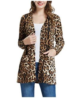 Women Long Sleeve Printed Leopard Open Front Cardigan Sweater Coat with Pockets