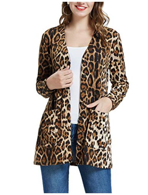 Buy Kate Kasin Women Long Sleeve Printed Leopard Open Front Cardigan ...