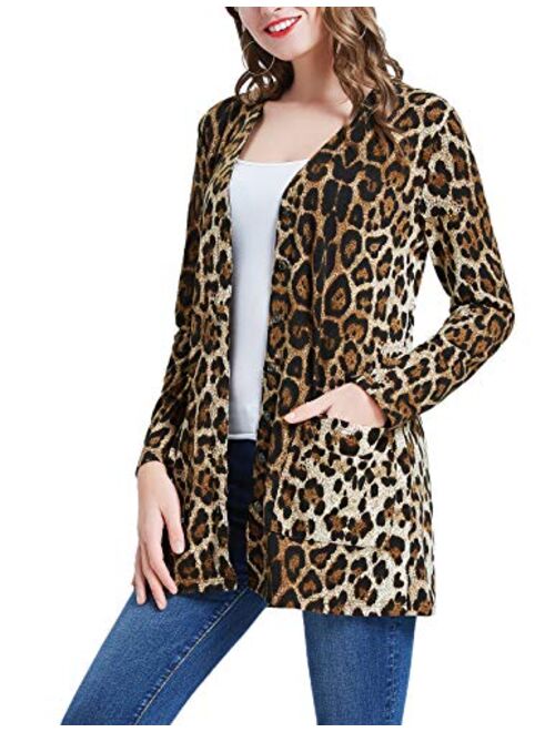 Kate Kasin Women Long Sleeve Printed Leopard Open Front Cardigan Sweater Coat with Pockets