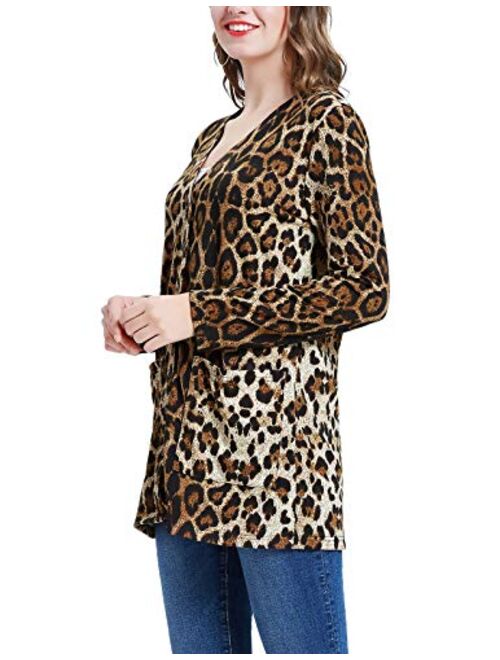 Kate Kasin Women Long Sleeve Printed Leopard Open Front Cardigan Sweater Coat with Pockets