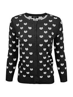 YEMAK Women's Cute Cat Dog Pattern 3/4 Sleeve Button Down Cardigan Sweater