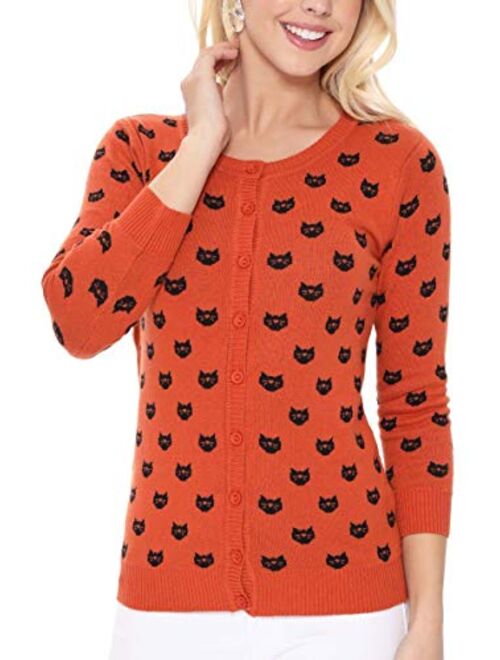 YEMAK Women's Cute Cat Dog Pattern 3/4 Sleeve Button Down Cardigan Sweater