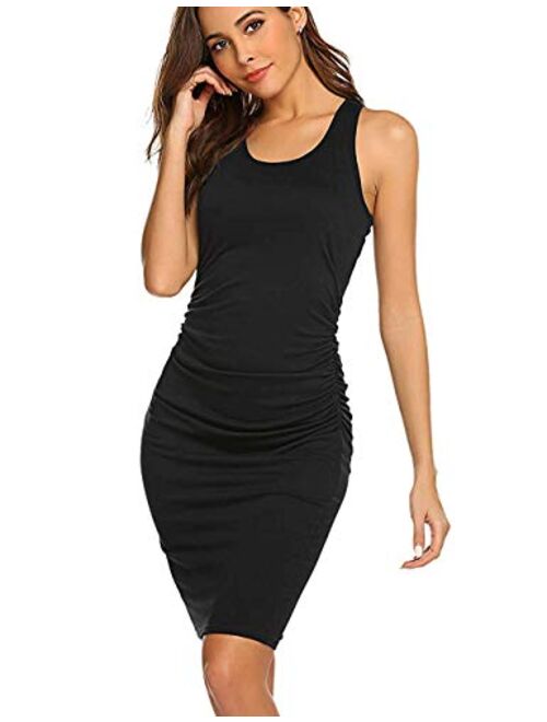 Women's Sleeveless Racerback Ruched Bodycon Dress Midi Fitted Tank Sundresses