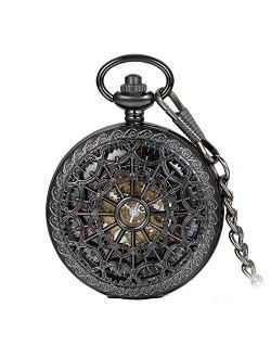 Avaner Retro Steampunk Black Chinese Knot Antique Skeleton Hollow Half Hunter Case Hand Winding Mechanical Pocket Watch with Chain