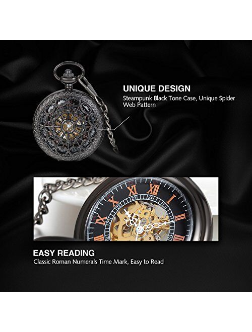 Avaner Retro Steampunk Black Chinese Knot Antique Skeleton Hollow Half Hunter Case Hand Winding Mechanical Pocket Watch with Chain