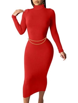 GOBLES Women's Sexy Long Sleeve Casual Bodycon Midi Elegant Cocktail Party Dress