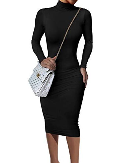 GOBLES Women's Sexy Long Sleeve Casual Bodycon Midi Elegant Cocktail Party Dress