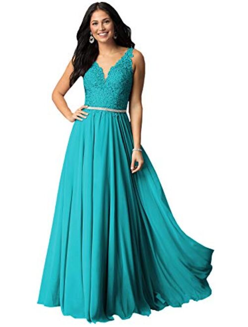 Women's A Line V Neck Lace Bodice Chiffon Prom Dresses Long Formal Evening Gown