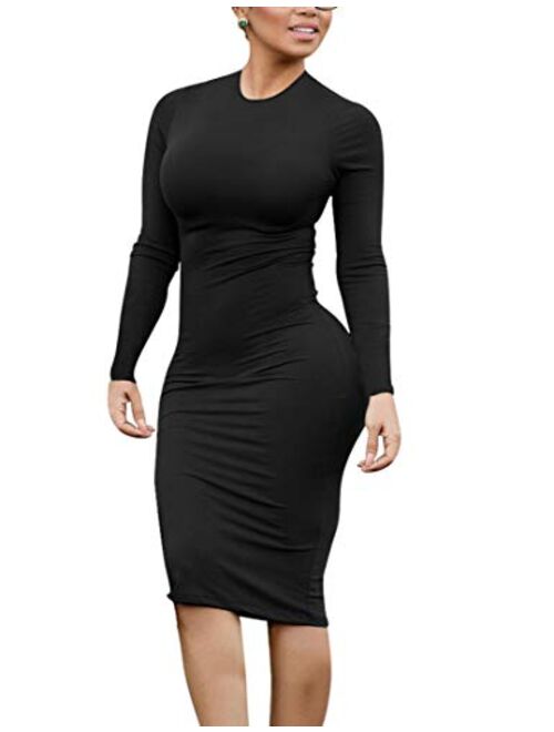 BORIFLORS Women's Basic Casual Long Sleeve Outfits Sexy Bodycon Party Club Midi Dress