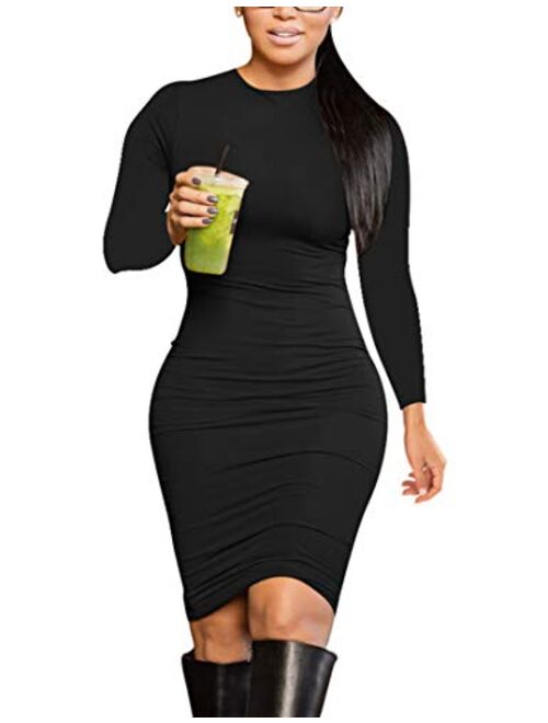 BORIFLORS Women's Basic Casual Long Sleeve Outfits Sexy Bodycon Party Club Midi Dress