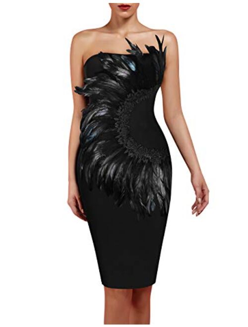 UONBOX Women's Elegant Strapless Feather Fashion Bodycon Bandage Tube Dress