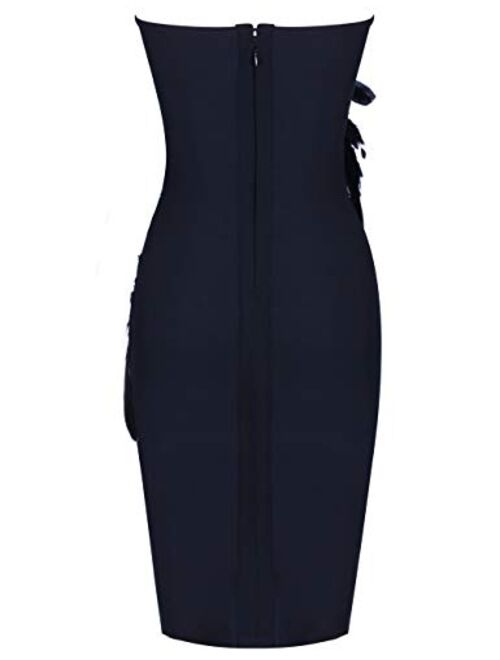 UONBOX Women's Elegant Strapless Feather Fashion Bodycon Bandage Tube Dress