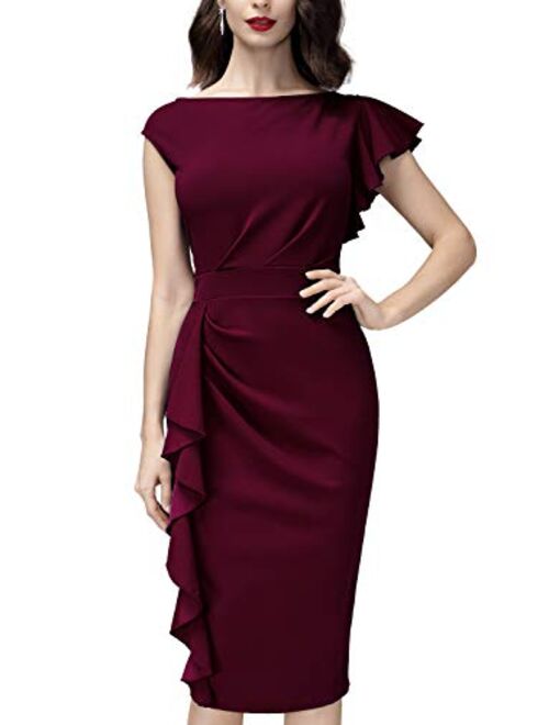 AISIZE Women Pinup Vintage Ruffle Sleeves Cocktail Party Pencil Dress