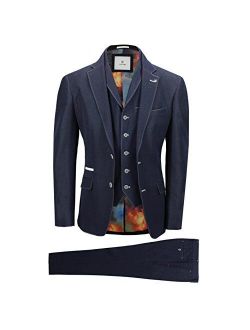 Cavani Mens 3 Piece Suit Navy Blue Stretch Fabric Detailed Smart Tailored Fit Jacket Waistcoat Trouser