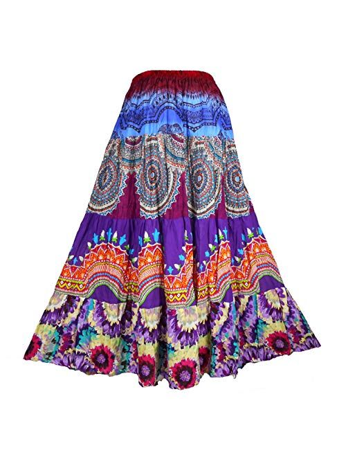 BONYA Women Hippie Boho Colorful Tiered Elastic Stretch Waist Long Skirt