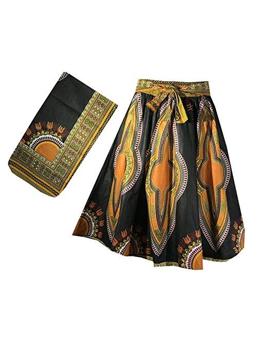 Decora Apparel African Women Dashiki Maxi Long Skirts with Pockets Girls Midi Skirt Elastic Waist One Size