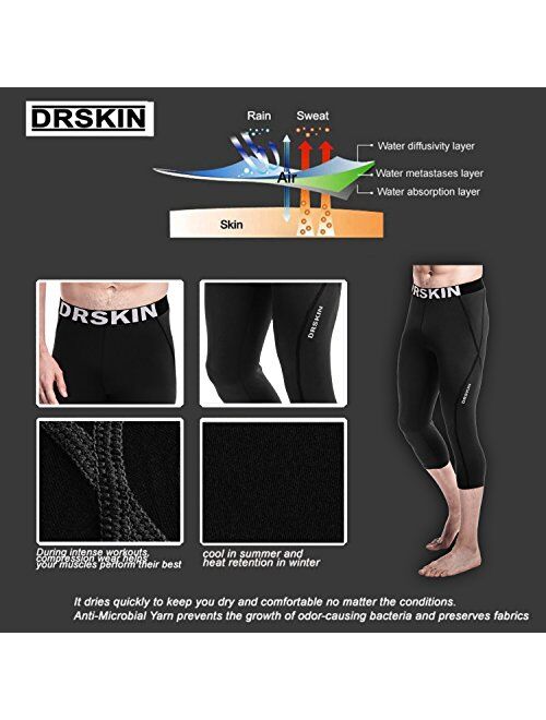 DRSKIN 1, 2 or 3 Pack Mens 3/4 Compression Pants Dry Cool Sports Baselayer Running Workout Active Tights Leggings Yoga