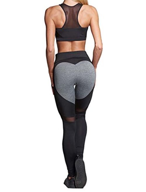 Manluo Womens Loving Heart Shape Yoga Pants Workout Sheer Mesh Leggings Black M
