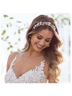 SWEETV Bohemian Headpiece Crystal Pearl Bridal Hair Vine Flower Halo Wedding Headband Tiara