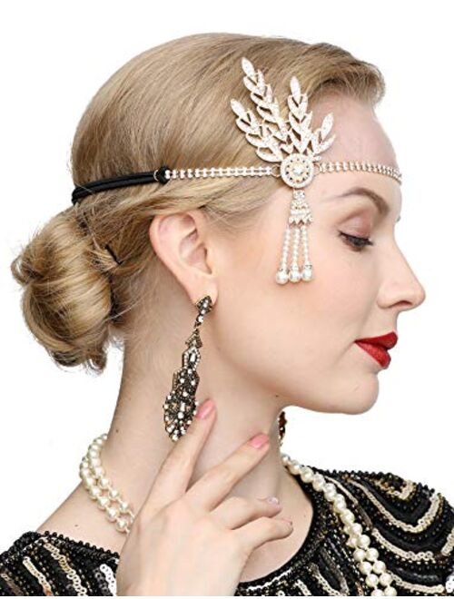 Art Deco 1920s Flapper Great Gatsby Leaf Wedding Bridal Tiara Pearl Headpiece Headband