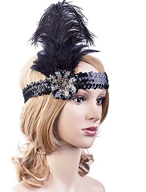 VIJIV Vintage 1920s Flapper Headband Roaring 20s Great Gatsby Headpiece with Feather 1920s Flapper Gatsby Hair Accessories