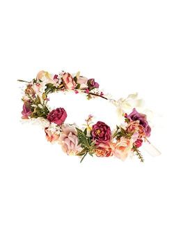 Wedding Flower Crown for Girls Floral Headband Wreath Headpiece Women Halo Garland with Adjustable Ribbon Boho Festival