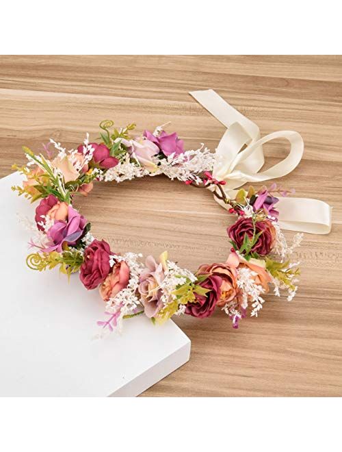 Wedding Flower Crown for Girls Floral Headband Wreath Headpiece Women Halo Garland with Adjustable Ribbon Boho Festival