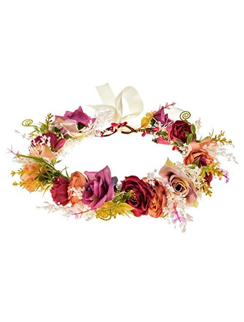Wedding Flower Crown for Girls Floral Headband Wreath Headpiece Women Halo Garland with Adjustable Ribbon Boho Festival