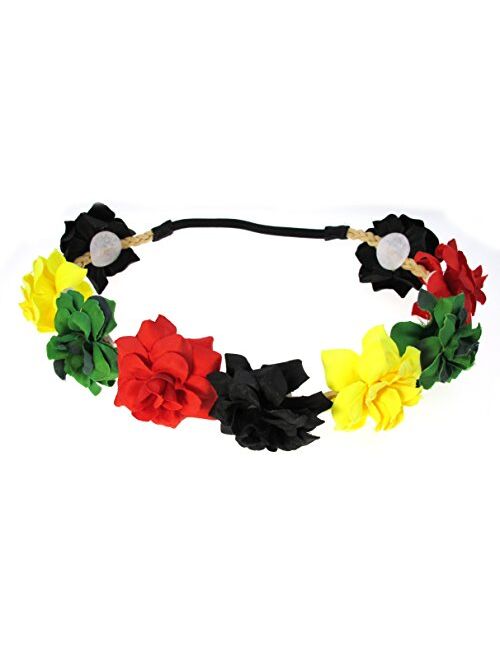 Best Wing "Black Red Green Yellow Rasta" Floral Flower Crown Stretch Headband, Black, Red, Green, Yellow, One Size