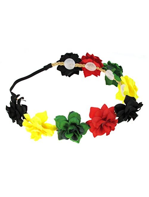 Best Wing "Black Red Green Yellow Rasta" Floral Flower Crown Stretch Headband, Black, Red, Green, Yellow, One Size