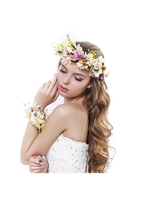Ever Fairy Women Flower Wreath Crown Floral Wedding Garland Headband Wrist Band Set
